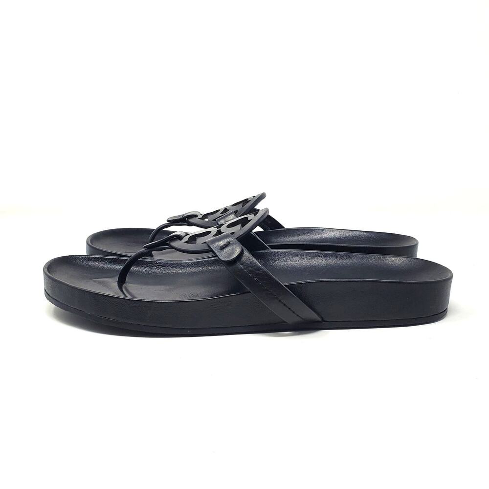 Tory Burch Miller Cloud Thong Sandals Calf Leather Perfect Black Logo Size 9.5 M - Picture 4 of 10